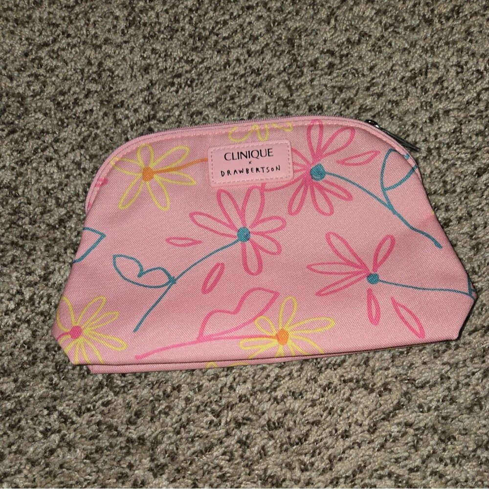 Clinique x Drawbertson Pink Yellow Blue Floral Makeup Bag Fabric Zipper